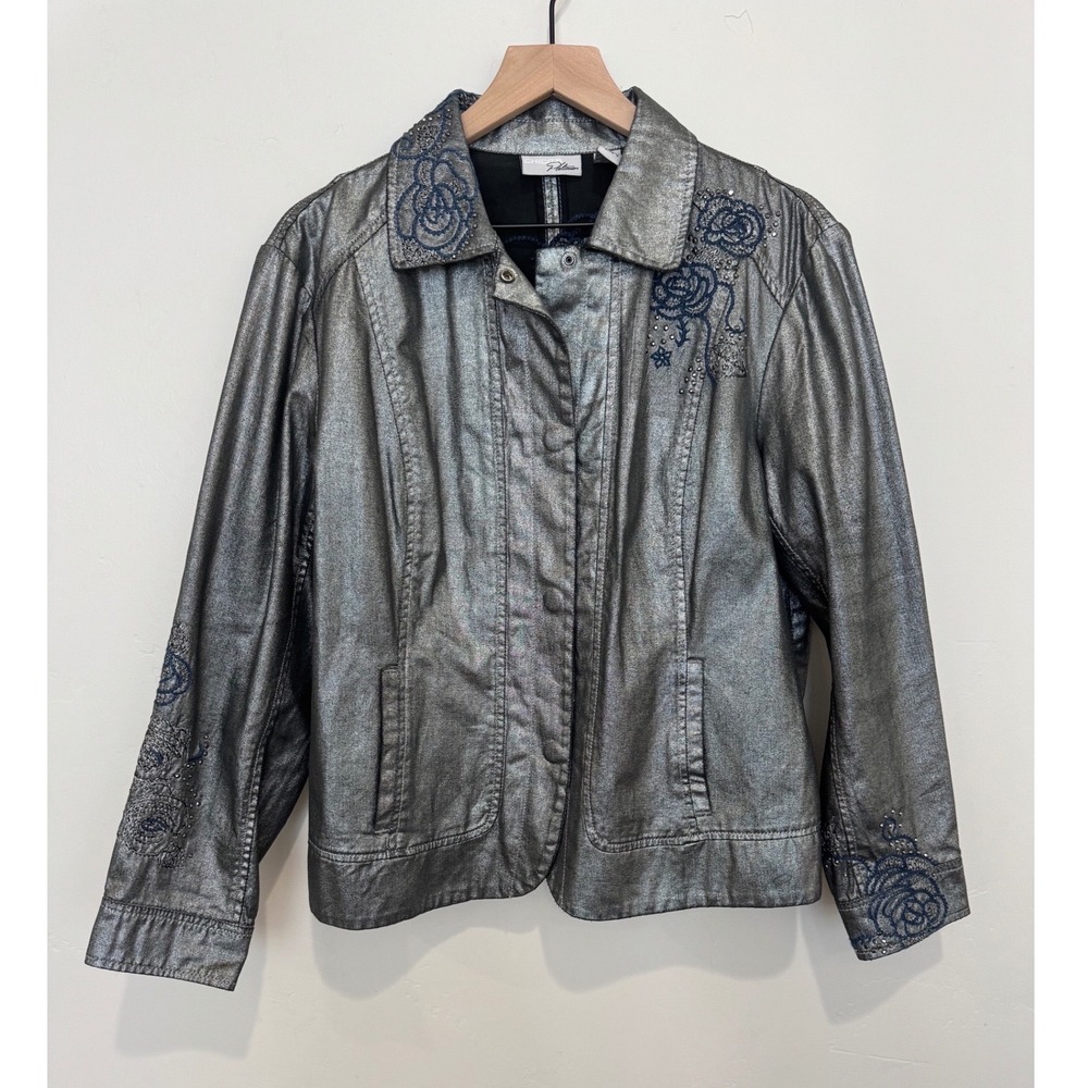 Chicos Platinum Metallic Silver Embroidered Floral Studded Denim‎ Jacket XL Sz 3